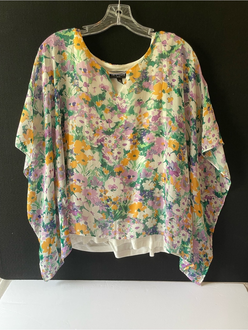 I. N. Studio Floral V-Neck butterfly sleeve . Tunic in Yellow, Purple & Green